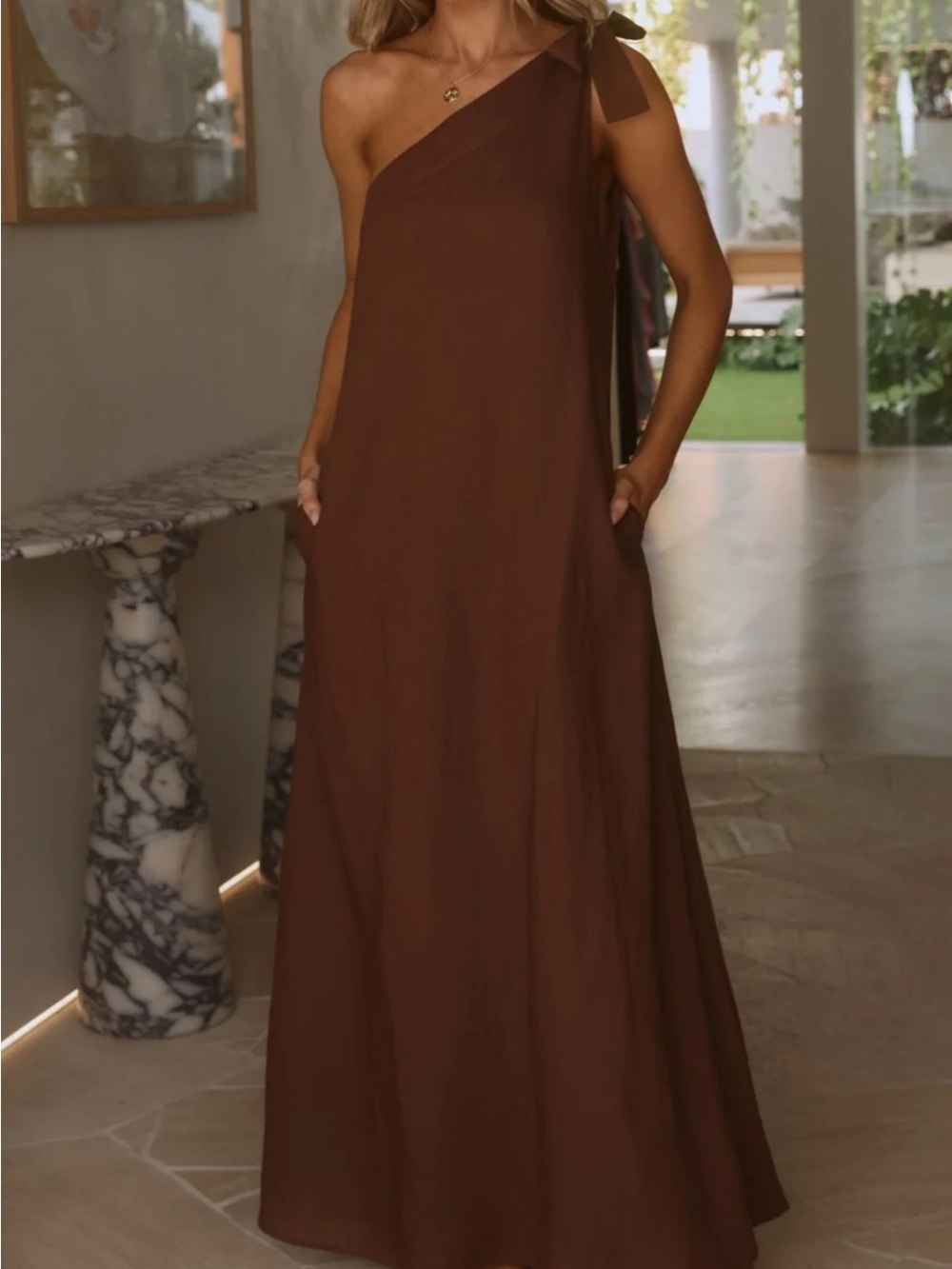 One-Shoulder Brown Maxi Dress with Tie Strap and Pockets